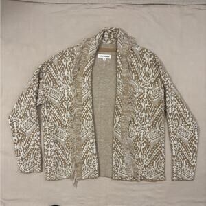 Lucky Brand Women’s Tan and White Knit Open Cardigan with Fringe Size Medium